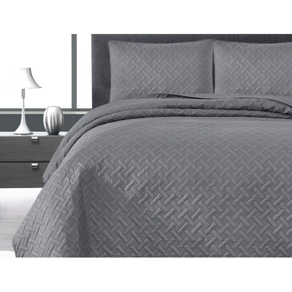MallenHome 3-Piece Quilt Bedspread Coverlet Set King Size Dark Grey Color Basket Weave