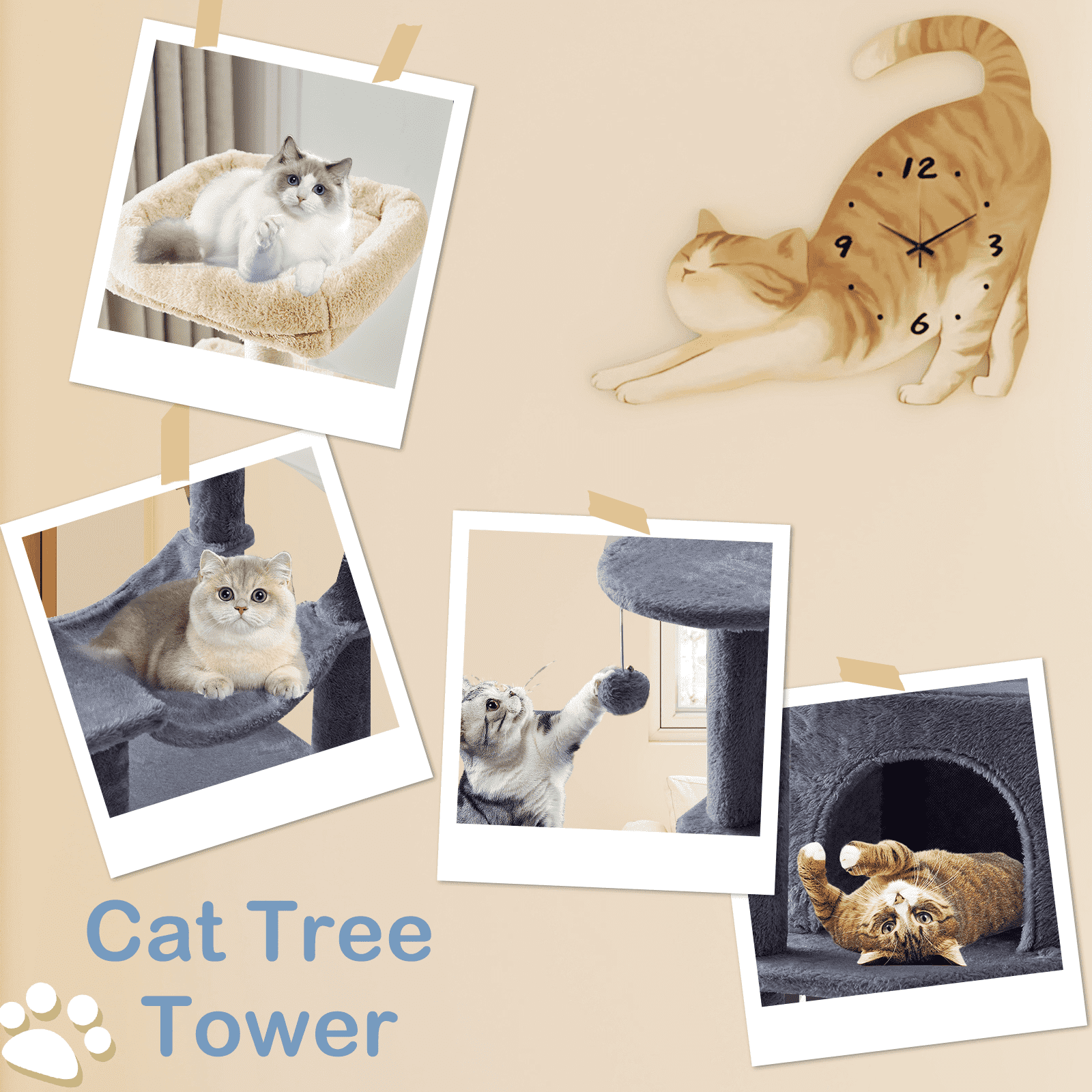 MAYEERTY 44-inch Cat Tree Tower Multi-Cat Climbing Natural Sisal Scratching Posts Extended Platform Hammock