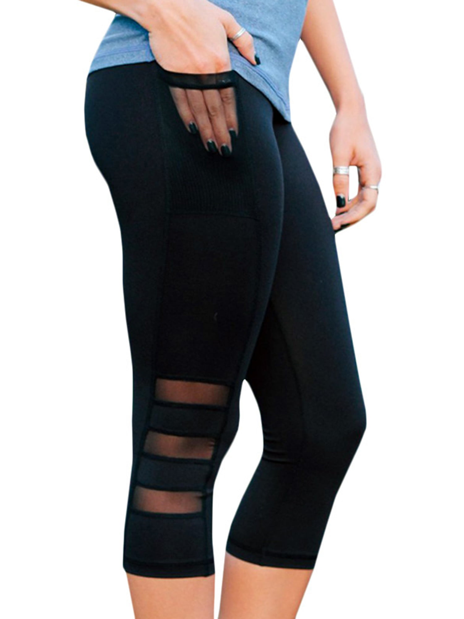 Women 3/4 Capri Yoga Pants Sports Cropped Leggings Pockets Workout Gym Trousers 