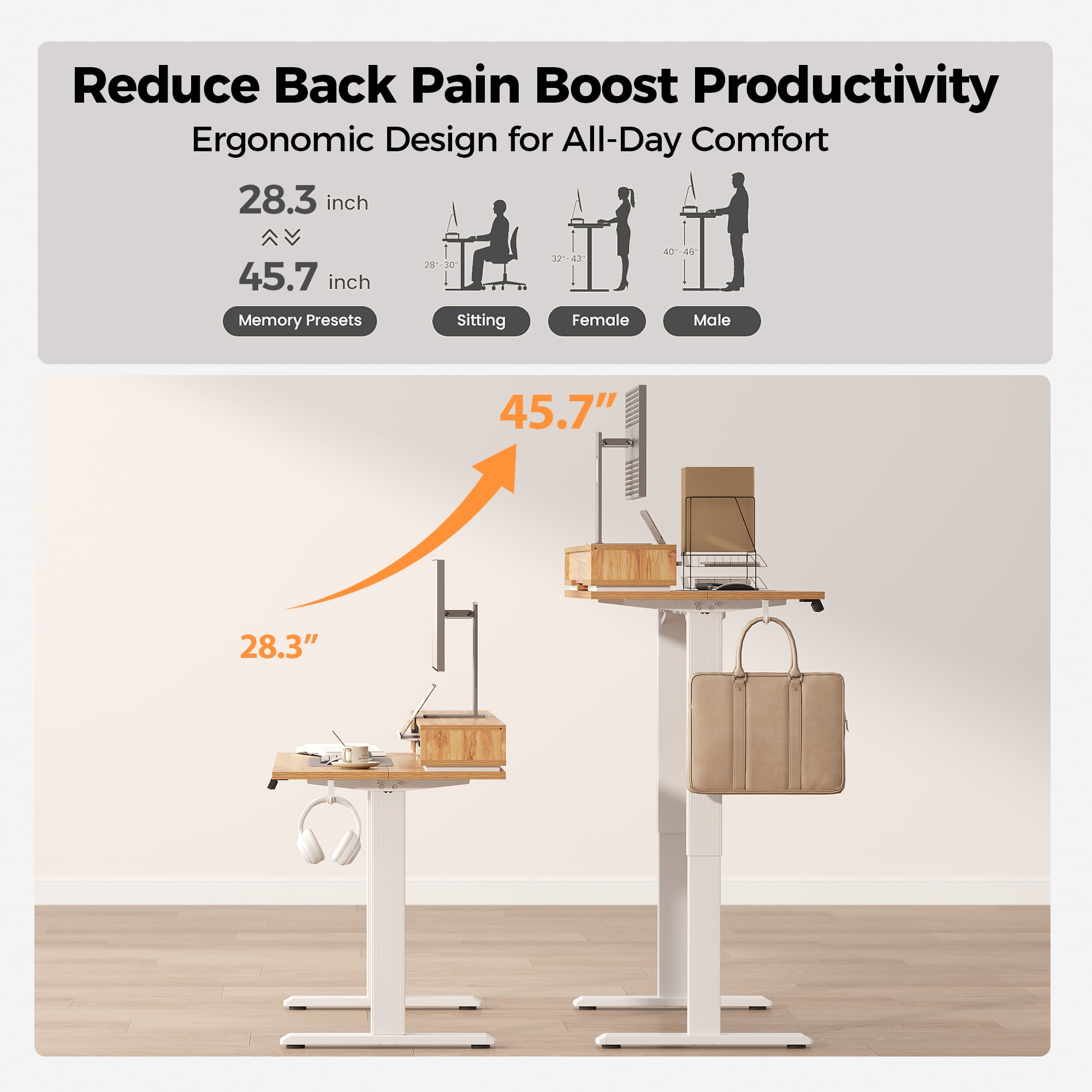 55.1 Inch Electric Standing Desk with Double Drawers ,Stand up Desk with Storage Shelf, Height Adjustable Home Office Desk with Hooks, Computer Workstation for Home and Office, Light Rustic Brown