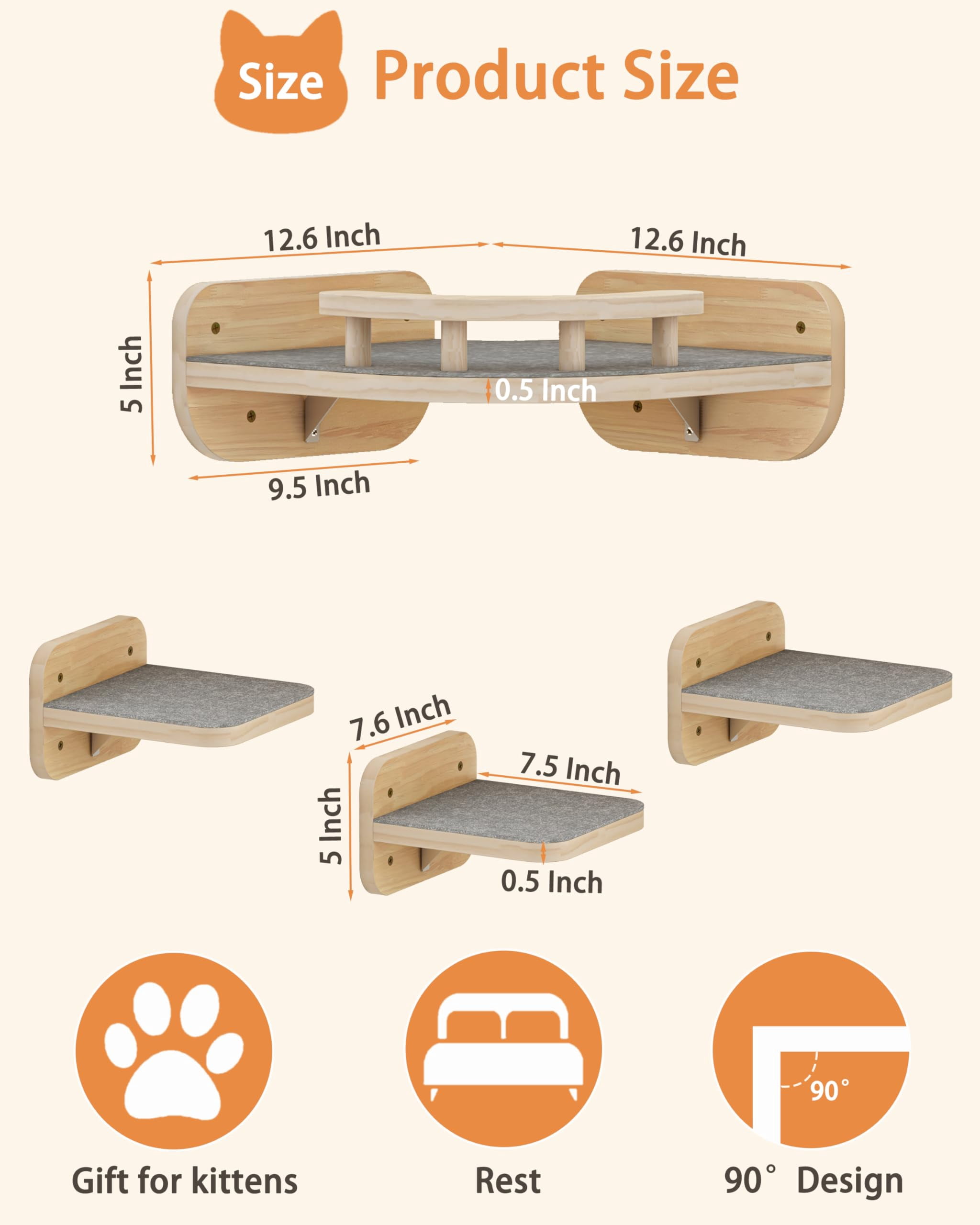 Cat Wall Furniture Corner Climbing Shelf Perches  Bed Mounted With 3 Wide Steps Modern Floating Stairs For Indoor Cats Up To 22 Lbs - Wood Color