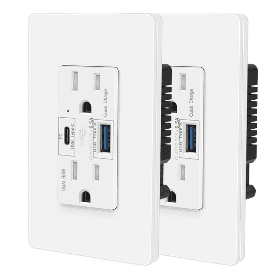 65W USB C PD Outlet Fast Charging for Laptop,Nineleaf 2PK GaN Type C Outlet,15 Amp Tamper Resistant Receptacle Plug,Electrical USB Socket Charge for Mac Air,iPhone 15,Android,UL Listed