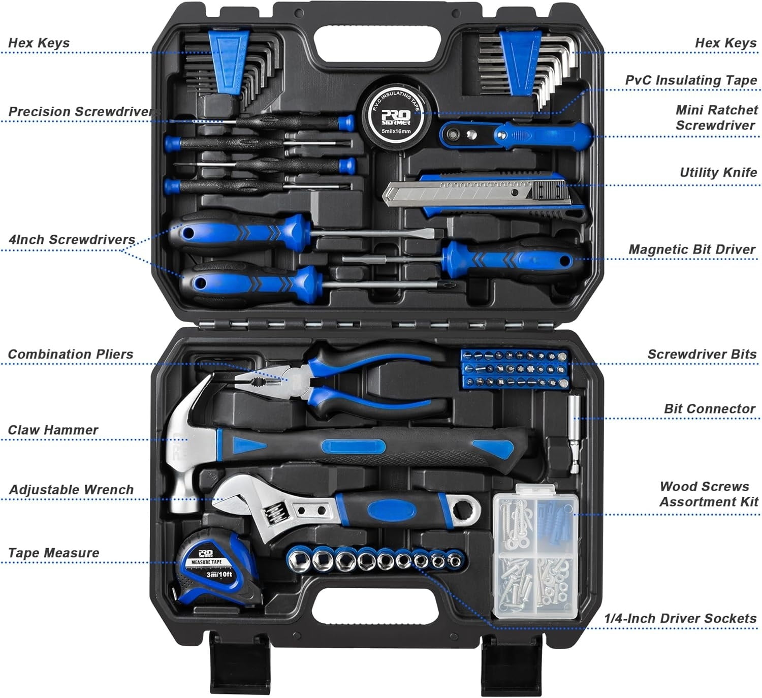 160-Piece Home Repair Tool Set, General Household Hand Tool Kit with Toolbox Storage Case for House, Garage, College Dorm and Office (Blue)