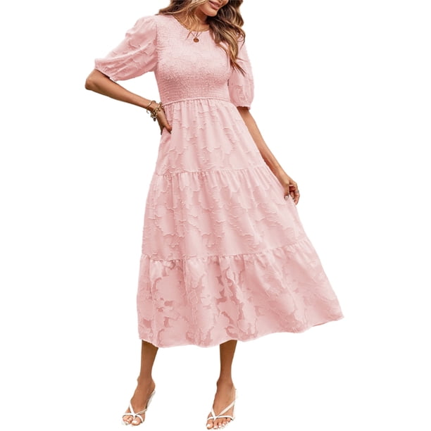 Lucakuins - Vestido midi de verano para mujer, línea A, manga corta, cuello redondo, cintura alta, vestido floral de encaje Lucakuins moda