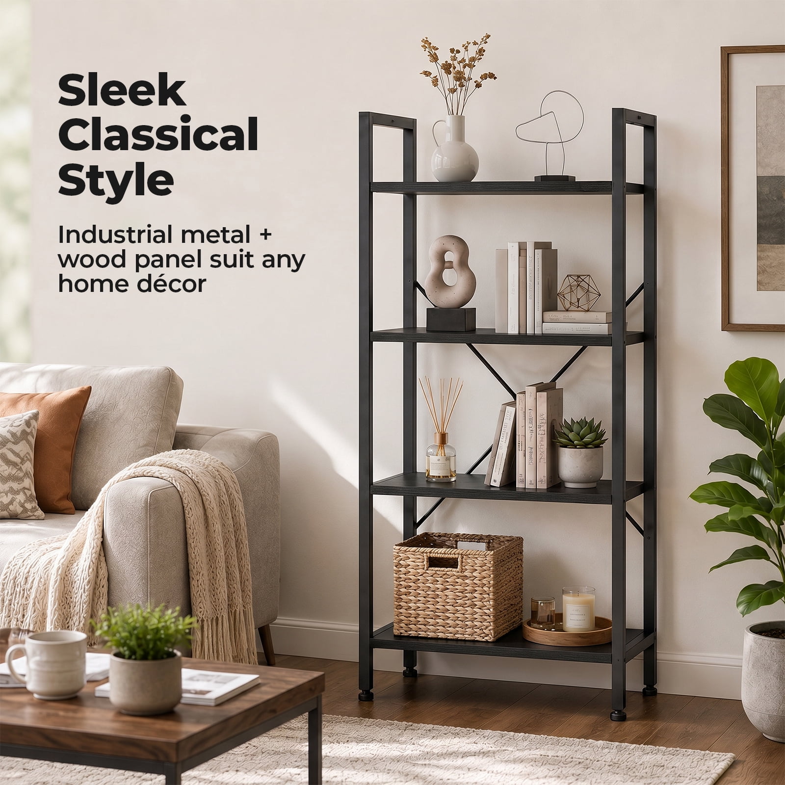 Alvantor 3/4-Tier Industrial Bookshelf, Narrow Storage Rack classical-style shelves for living rooms, homes, and offices