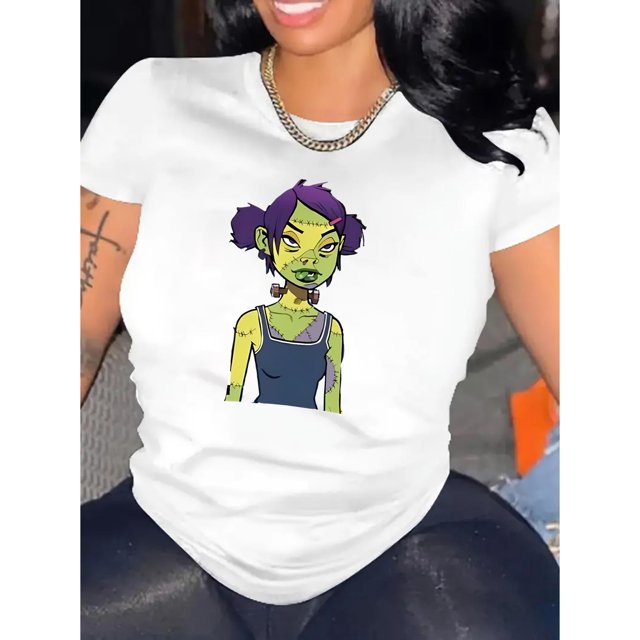 Women's Casual Fashion T-Shirt, Spooky Green Girl Graphic, Round Neck Short Sleeve, Comfortable Summer Top, Knit Polyester Fabric, All Seasons, Ladies Leisure Sportswear