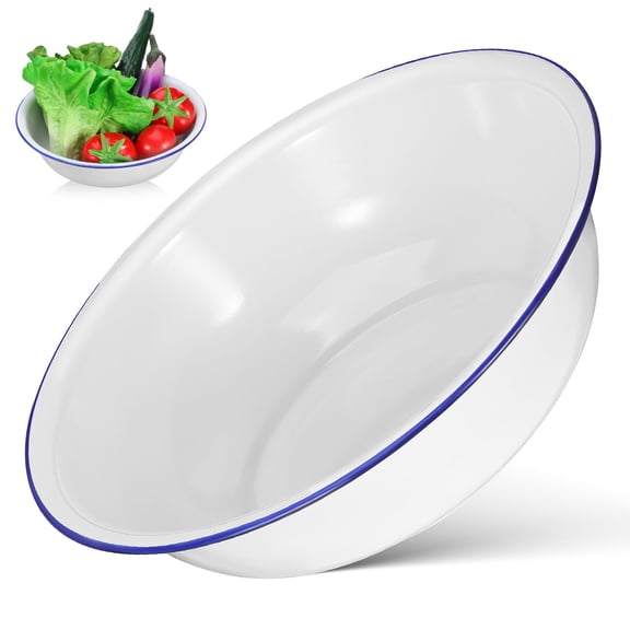Amosfun Large White Enamel Mixing Bowl, Elegant Kitchen Prep and Storage Bowl for Cooking, Baking, Serving, Food Mixing Tasks