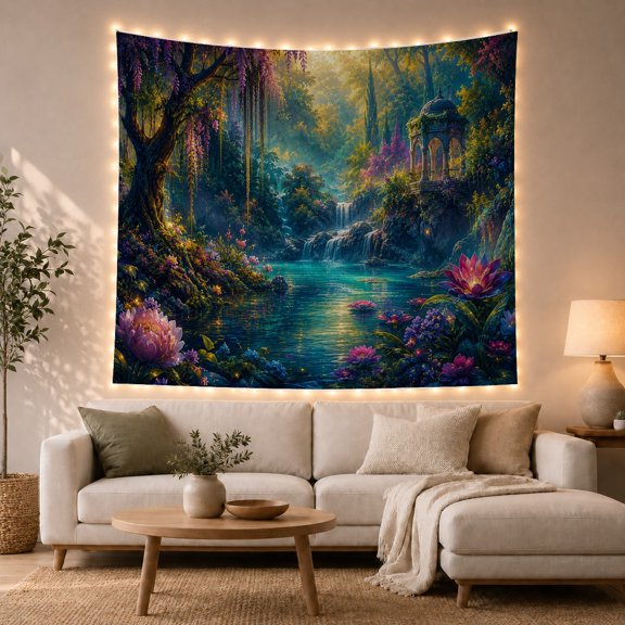 Floral Garden Pond with Nestled Forest Calm Body, Mystical Fantasy for Space Lovers, Galaxy Room Decor, Mother'S Day Gift, Tapestry Wall Hanging for Bedroom and Dorm