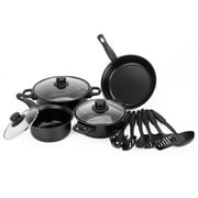 SSAWcasa Non-Stick Cookware Set, Small Portable Cast Iron Pots and Pans with Glass Lids and Nylon Utensils for Outdoor Cooking - 13 Piece Set, Black