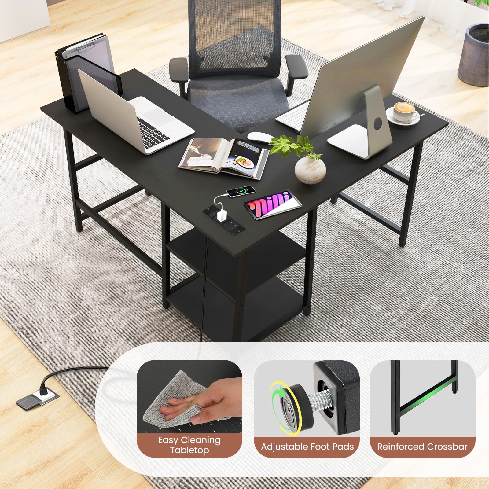 Giantex L Shaped Desk, Corner Gaming Desk w/Storage Shelves, Industrial Writing Desk Workstation, Black