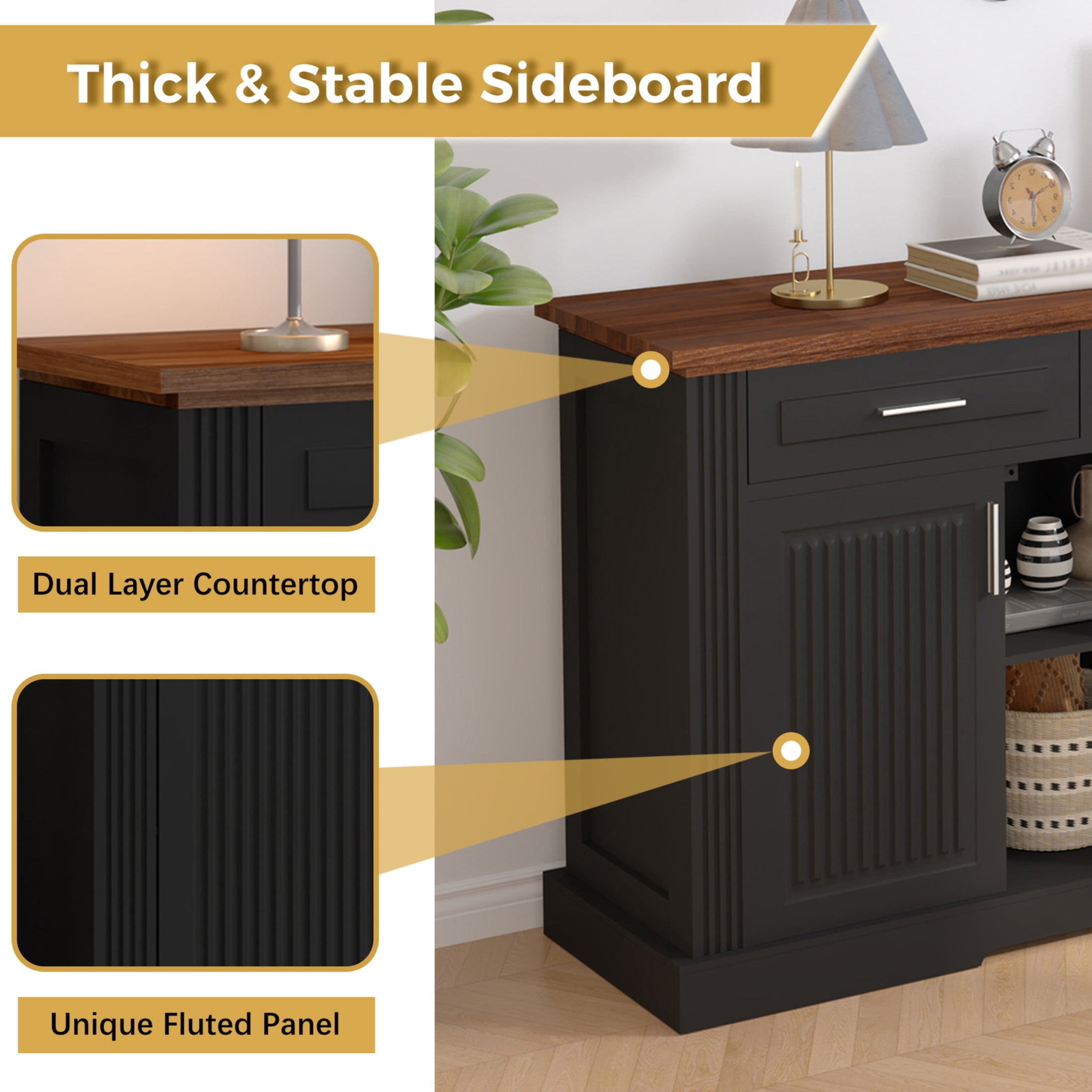 Noble House 63" Fluted Sideboard Buffet Cabinet with 4 Doors, Drawers and Adjustable Shelves, Black