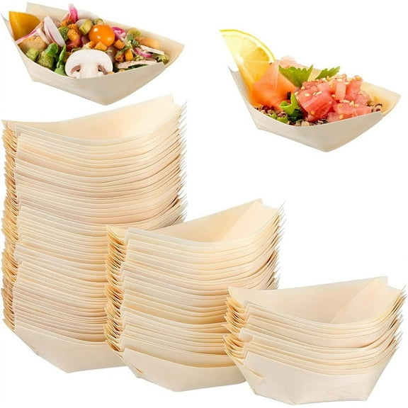 NOGIS 100pcs 3 Inch Bamboo Wooden Boat Disposable Wood Boat Plates Dishes Sushi Boat Sushi Serving Tray Food Container Wood Bowl for Catering and Home Use