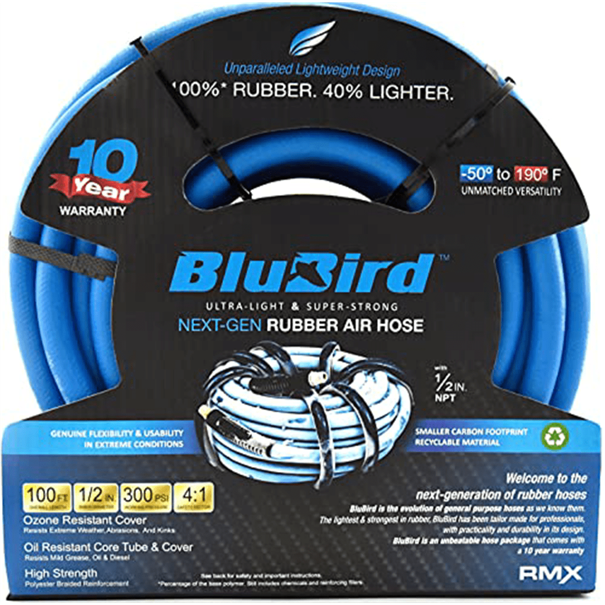 BluBird BB12100 1/2" x 100' Lightweight Polyester Braided Rubber Air Hose
