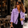 thumbnail image 5 of Dweltoz Womens 3/4 Sleeve Short Denim Jacket Button Up Lapel Collar Washed Jean Jacket Coat Casual Outing Trendy Coat with Pockets,Purple M, 5 of 6