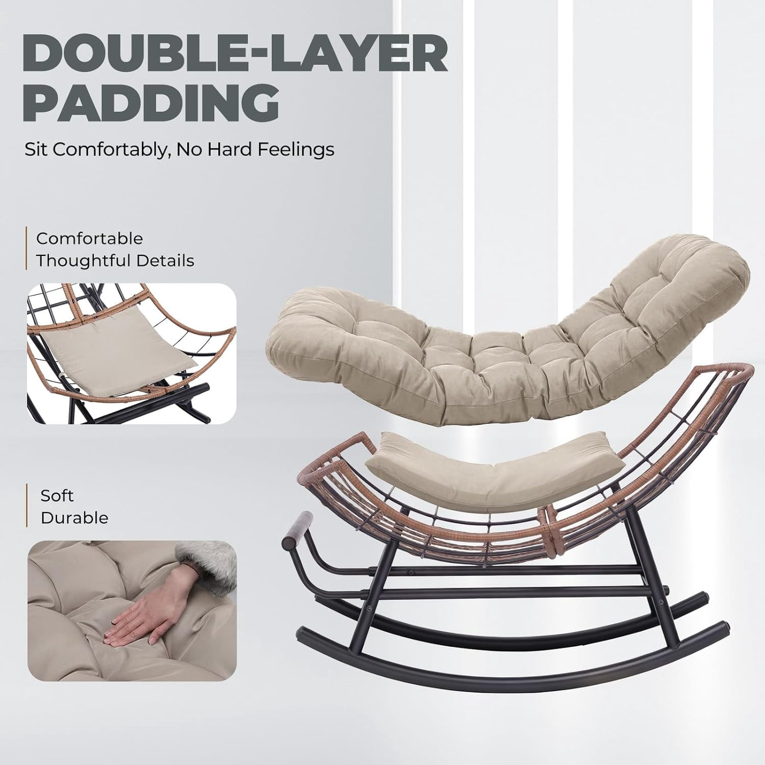CLOUDREST PRO Outdoor Rocking Chair, Oversized Papasan Rocking Chair with Thick Cushion, Indoor Outdoor Cozy Rocker for Balcony, Living Room, Patio, Brown