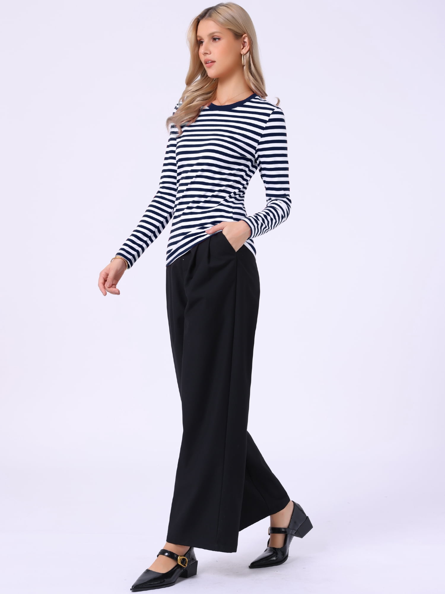 DARING DIVA Women's Striped Long Sleeve Cotton Crew Neck Tees M Navy Blue Stripe