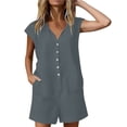thumbnail image 6 of purcolt Women Summer Shorts Rompers Short Sleeve Button Down Romper V Neck Wide Leg Jumpsuit, 6 of 7