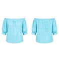 thumbnail image 4 of Ayolanni Ruffled Shirts for Women Short Sleeve V-Neck Plaid Elastic Blouse Puff Off the Shoulder Loose Casual T-Shirt Tops for Women Blue L, 4 of 8