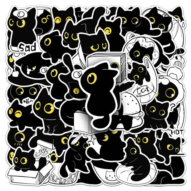 Paquete de pegatinas de gato negro, 50 unidades, dibujos animados con diseño de gato dibujado a mano