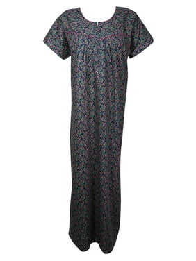 Mogul Women Dark Blue Floral Maxi Caftan Nightgown Cap Sleeves Sleepwear Housedress Bohemian Loose Nightwear Patio Dresses XL
