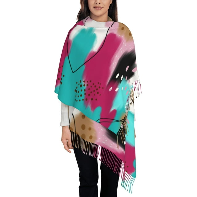 Foulard à Franges pour Femmes, Motif Aquarelle Abstrait Long Châle, Léger et Chaud