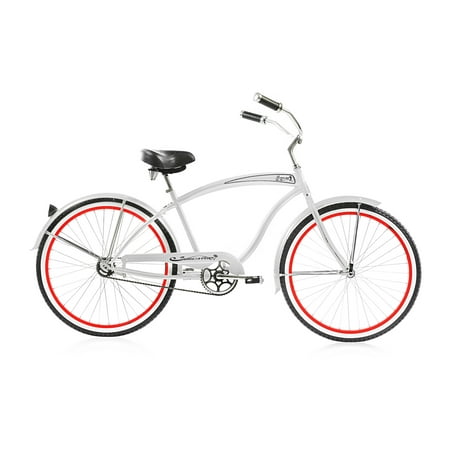Wonder Wheels 26 In. Beach Cruiser Coaster Brake Single Speed Bicycle  Bike  Stainless Steel Spokes One Piece Crank Alloy Red Rims 36 H With Fenders - White/ Red Rim
