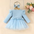 thumbnail image 4 of Odeerbi Toddler Girls Fall Winter Outfits Tulle Rib Knit Dress Ruffle Shrugs Set Floral Ruffle Sleeve Top Jacket Long Sleeve Dress Headband Three Piece Set Toddler Clothes Light Blue, 4 of 9