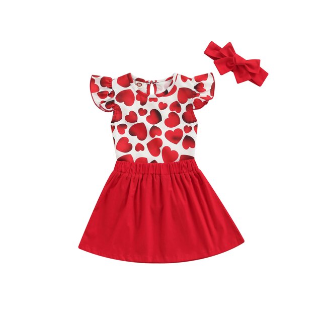 Honganda Baby Little Girl Three Piece Set, Heart Pattern Printed Fly Sleeve Romper Elastic Solid Color Skirt Bow Headband
