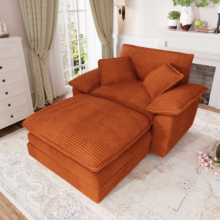 Muumblus Oversized Accent Chair with Ottoman, 48" Indoor Chaise Lounge Cloud Sofa Reading Armchair for Modern Living Room, Bedroom, Orange Corduroy