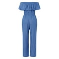 thumbnail image 5 of Franhais Women Plus Size Denim Off Shoulder Rompers Ruffle Slash Neck Drawstring Jumpsuits, 5 of 8