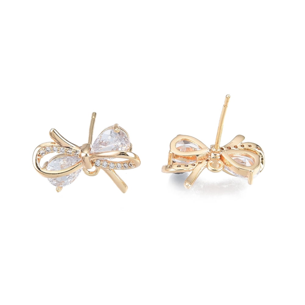 10 Pair Brass Micro Pave Clear Cubic Zirconia Stud Earring Findings Nickel Free Bowknot Real 18K Gold Plated 12.5x17.5mm Hole: 1.2mm