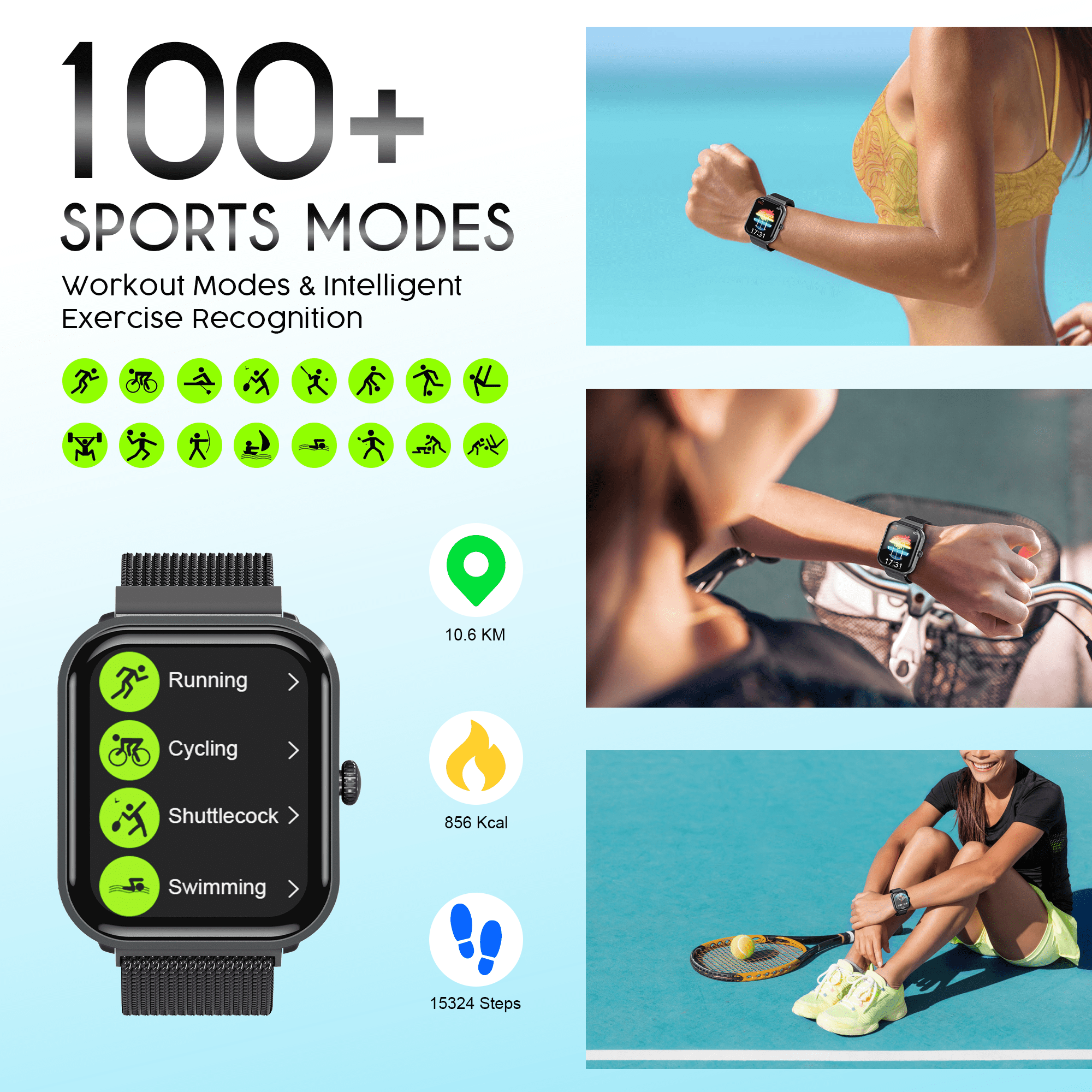 OWNTECH 1.9-inch Smart Watch Compatible with Android and iPhone, Fitness Tracker with Call Function, 100+ Sports Modes, IP68 Waterproof Activity Tracker, Dual Straps, Black