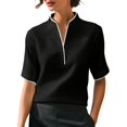 thumbnail image 2 of Delayuji Women's Blouse Stand Collar Contrasting Colors Short Sleeve Shirt Business Casual Outfits Laides Blouse Tshirt Shirt for Women Work Shirt Black L, 2 of 5