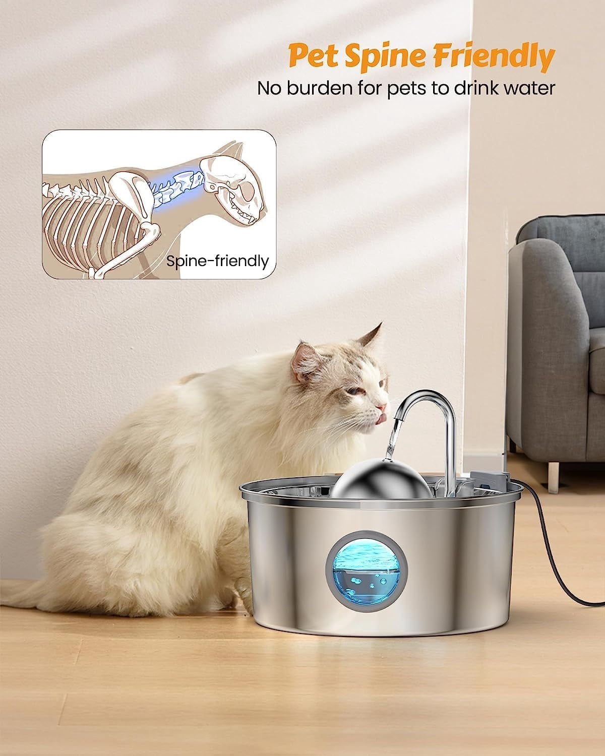 108oz Stainless Steel Cat Fountain with Faucet Design, Multi-Stage Filtration, Water Level Window and Quiet Operation