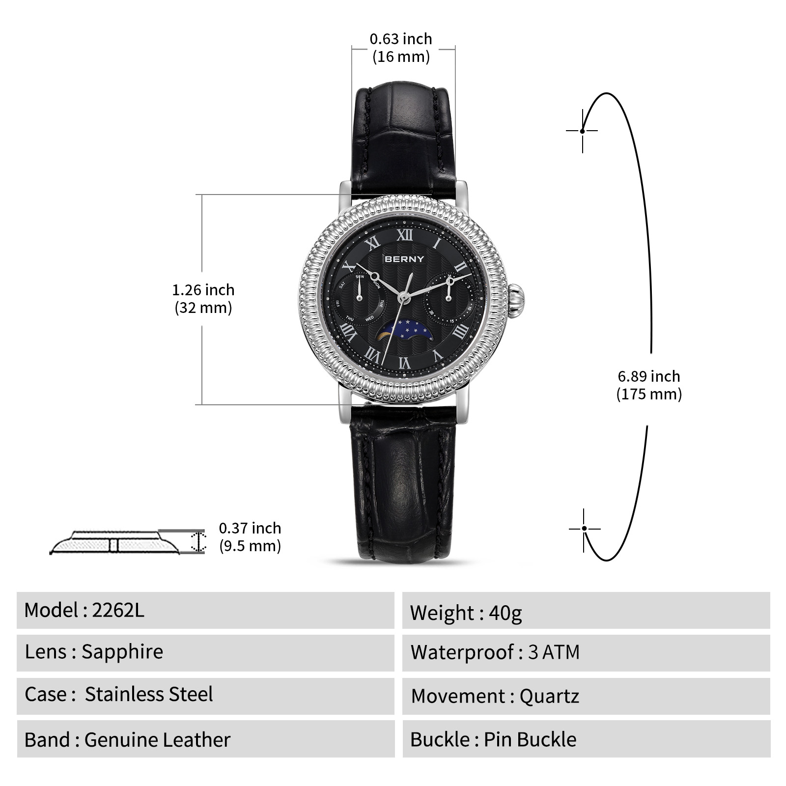 BERNY Womens Leather Watch, Vintage Roman Numerals Luxury Moon Phase Watch with Day & Date, Stainless Steel, Sapphire Crystal, Waterproof, Fashion Dress Analog Quartz Wrist Watches for Women (Silver)