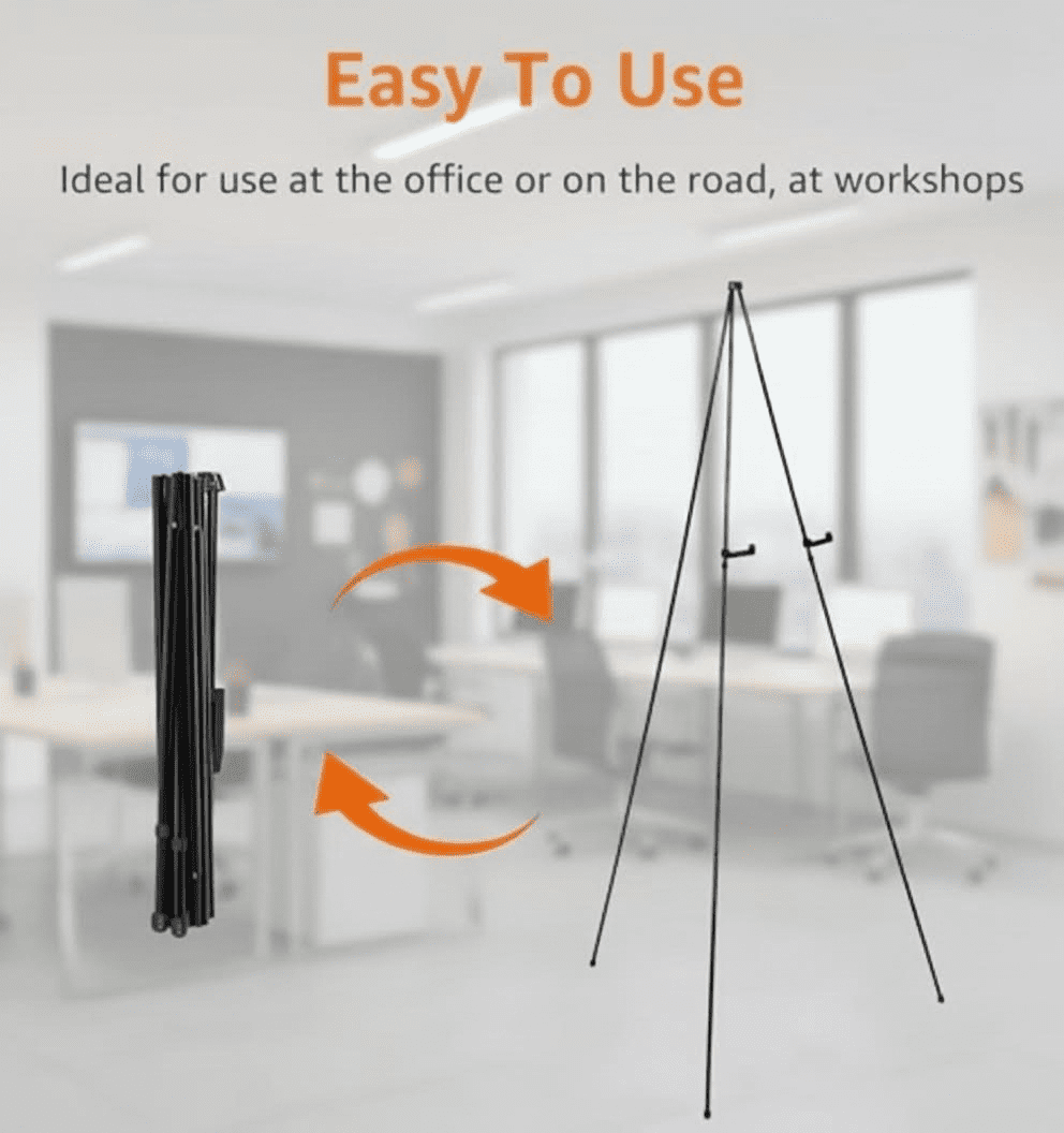 Lightweight Collapsible Portable Easel Display Stand with Tripod Base, Instant Floor Poster Holder for Art, Signage, and Presentations, Supports Up to 5 Pounds, Black Steel Frame