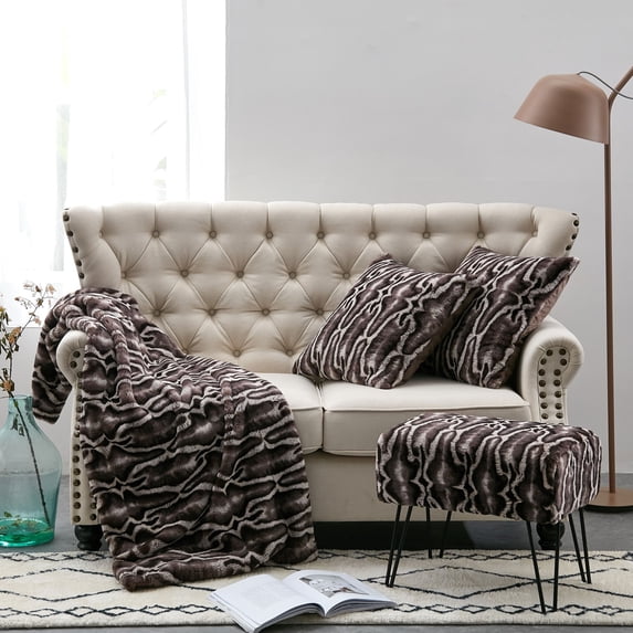Home Soft Things Tip Printing Light Faux Fur Throw Pillow Shell Ottoman 4 Piece Set