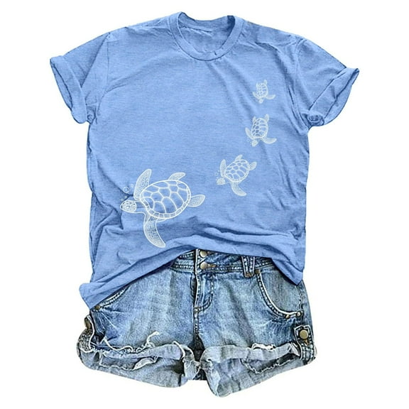 ERkkoi Sea Turtle T Shirts for Women Beach Graphic Funny Animal Print Shirt Hawaiian Casual Vacation Top Light Blue L