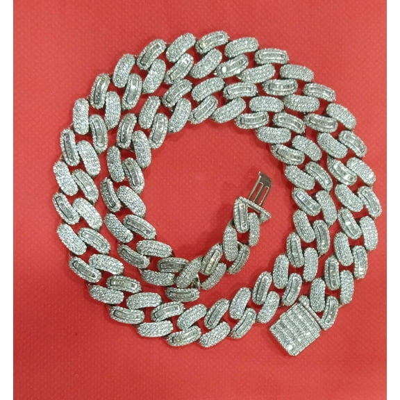 Gaspara Miami Link Baguette 20'' Cubic Zirconia Cuban Chain Necklace 925 Sterling Silver for Men's