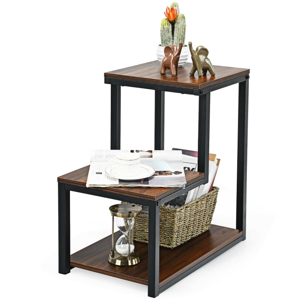 Finihen Side Table, 3-Tier Ladder-Shaped Chair Side Table with Storage Shelf, Sofa Side Table, Bed Side Table, for Living Room, Bedroom, Brown Finihen Side Table, 3-Tier Ladder-Shaped Chair Side Table with Storage Shelf, Sofa Side Table, Bed Side Table, for Living Room, Bedroom, Brown