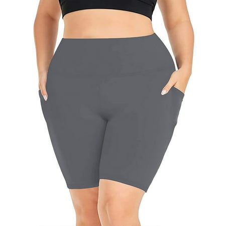 WTXUE Biker Shorts Women Tummy Control Tights for Women  Plus Size High Waisted Workout Shorts Seamless Butt Slim-Leg Built-in Pocket Curvy Fit Activewear Short  Dark Gray