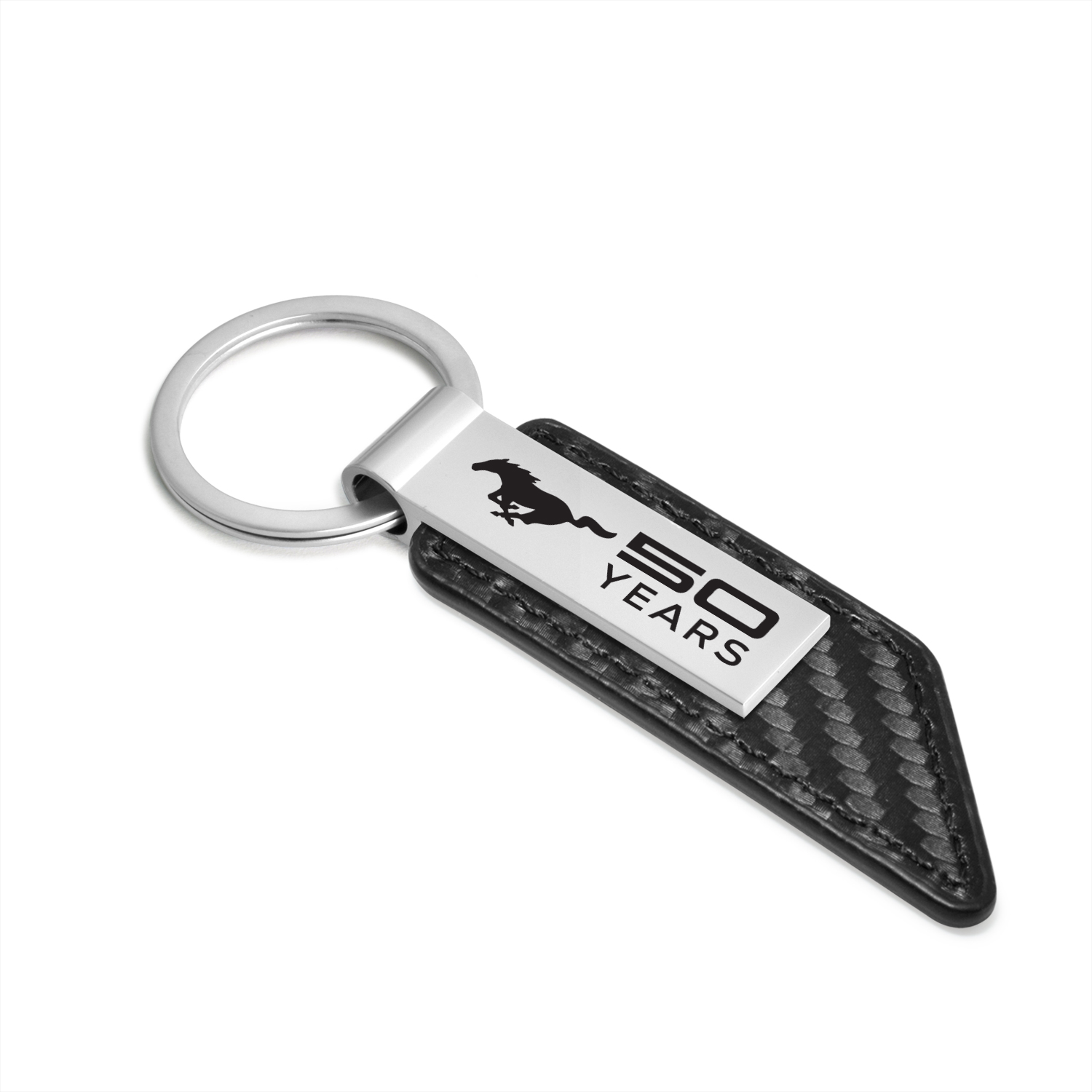 iPick Image for Ford Mustang 50 Years Carbon Fiber Texture Black PU Leather Strap Key Chain, Official Licensed