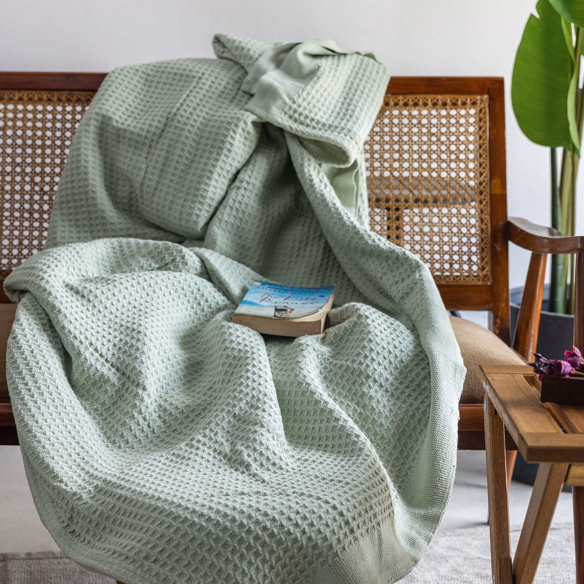 Top Cotton Queen Waffle Throw Blanket for Couch (90" x 92"), 100% Cotton Throw Blankets for Bed, Waffle Queen Blanket for Bed (Sea Foam)