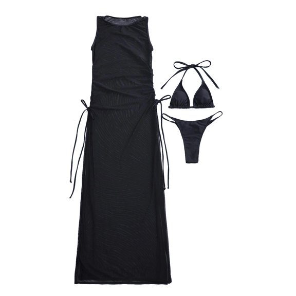 Fengqque Ladies Solid Color Lacing Split Bikini Sexy Women's Swimsuit Mesh Smock Suit