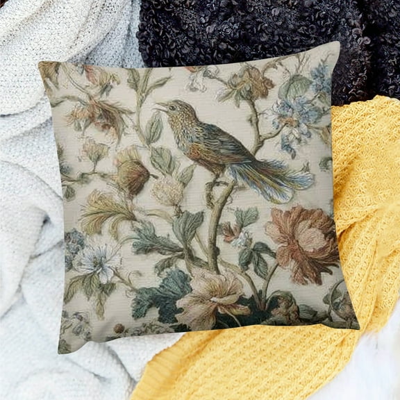 Creowell 100% Linen Baroque Bird Flowers Pillow Covers for Sofa 18x18in