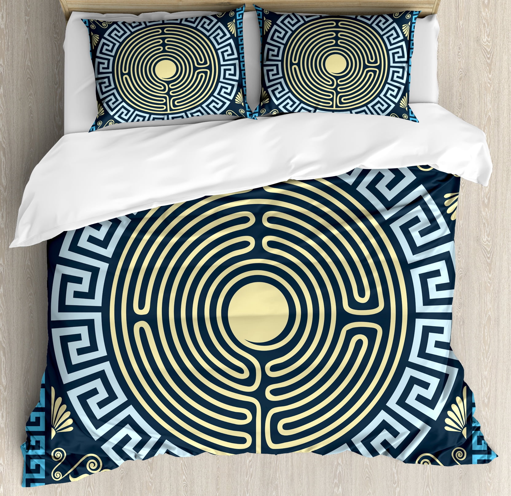 Greek Key Duvet Cover Set Yellow And Blue Labyrinth Pattern From Greek Key Duvet Cover Set Yellow And Blue Labyrinth Pattern From Ancient Culture With Fl Details Decorative Bedding Pillow Shams