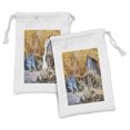 thumbnail image 1 of Waterfall Fabric Pouch Set of 2, Fall Season Image of Historical Water Mill and Waterfall Outdoor Nature Art, Small Drawstring Bag for Toiletries Masks and Favors, 9" x 6", Yellow Brown, by Ambesonne, 1 of 2