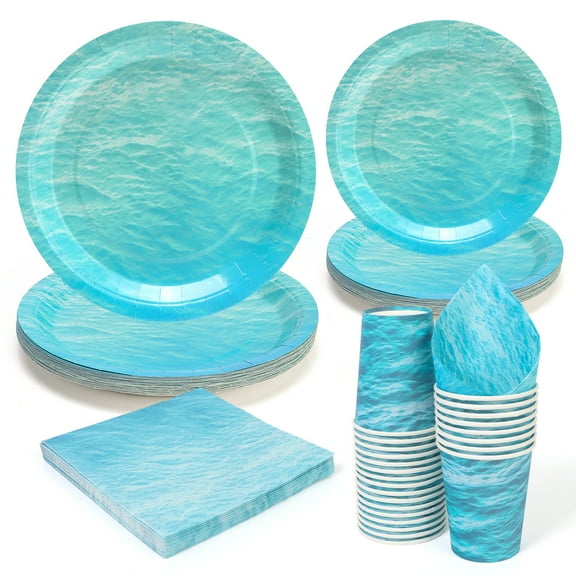 96Pcs Party Plates, Ocean Paper Plates and Napkins Sets Party Supplies for Ocean Sea Theme Birthday Summer Beach Pool, Disposable Tableware Sets, Serve for 24 Guests