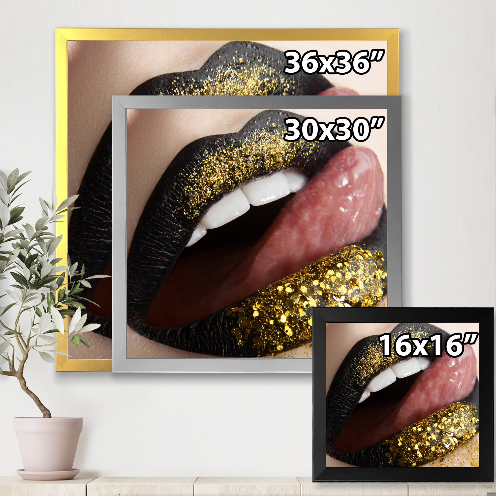 Designart 'Woman Lips Black Lipstick and Gold Sequins' Modern Framed Art Print