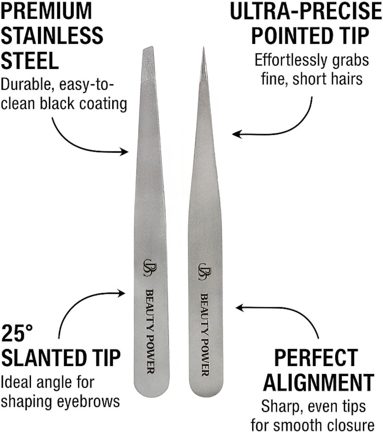 Beauty Power Professional Tweezers Set – Slant & Point, Ultra Precision German Stainless Steel Tweezers for Eyebrows, Chin, Ingrown Hair & Facial Grooming – Lightweight + Travel Case - Gift Idea